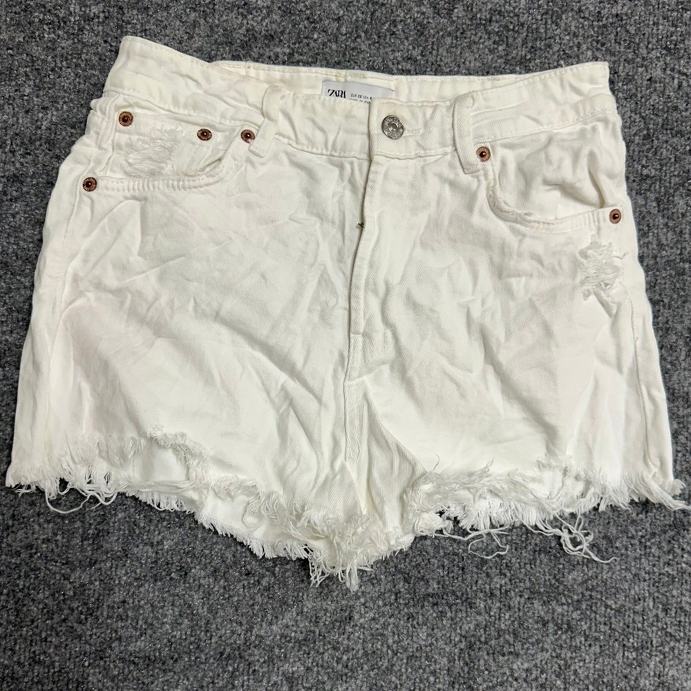 Zara Denim Shorts Womens Size 4 White Distressed Raw Hem High Waisted Casual